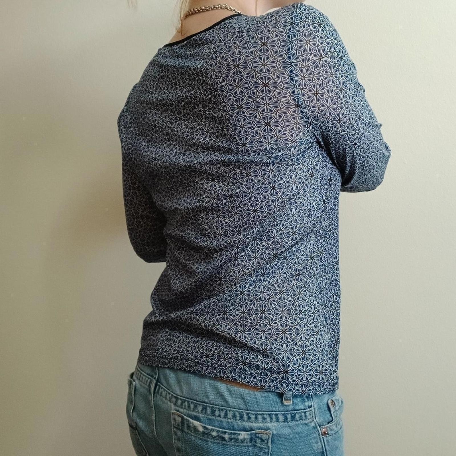 Vintage Y2k Blue White Patterned Mesh Notched Top S — image 3 of 3